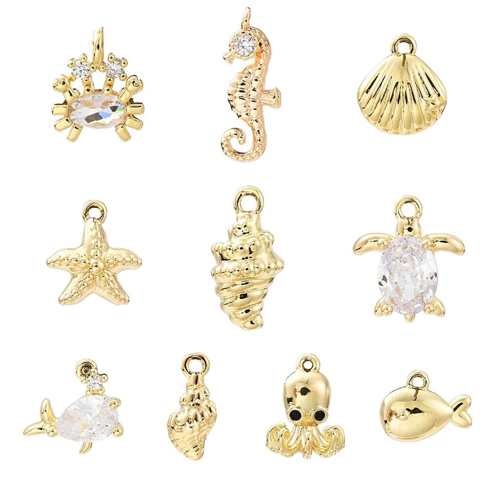 9128 10Pcs Mixed Styles Ocean Theme Brass Zirconia Charms Cute Sea Animal